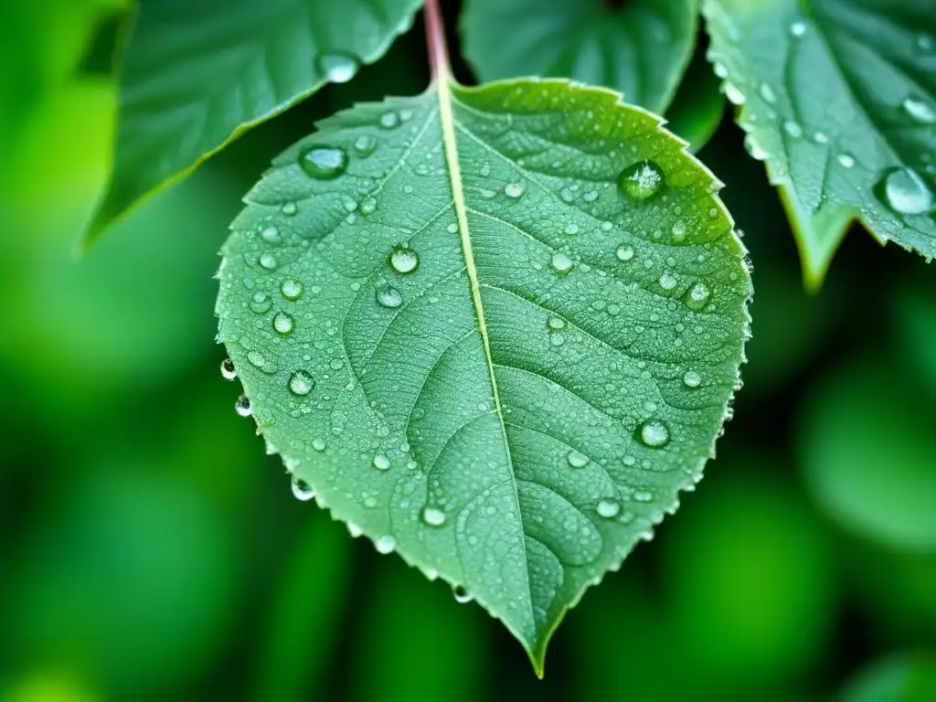 Detalle de una hoja verde con rocío, en un fondo difuminado de naturaleza, reflejando la belleza y tranquilidad de la educación ambiental en Uruguay