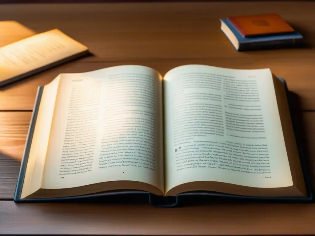 Detalle impresionante de un libro de texto abierto en un escritorio de madera, resaltando la importancia libros de texto uruguayos