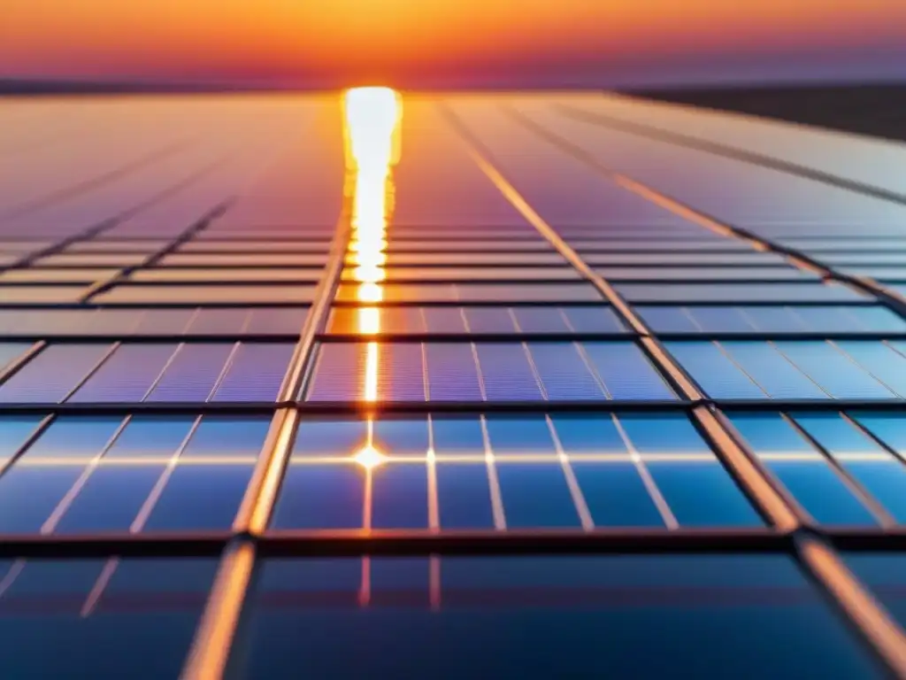 Detalle de un panel solar capturando la esencia de la energía renovable al atardecer en Uruguay