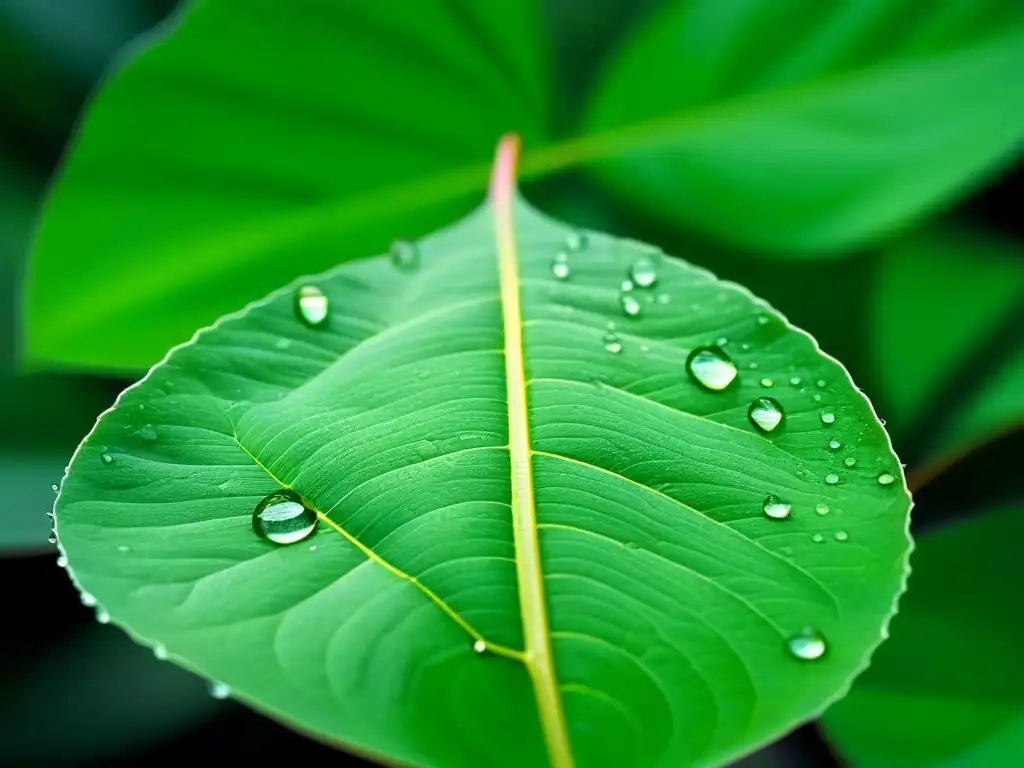 Detalle puro de una hoja verde con gotas de agua, transmitiendo tranquilidad y belleza natural