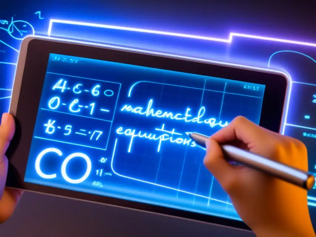 Detalles asombrosos: mano de estudiante escribiendo ecuaciones matemáticas en tableta digital con hologramas futuristas