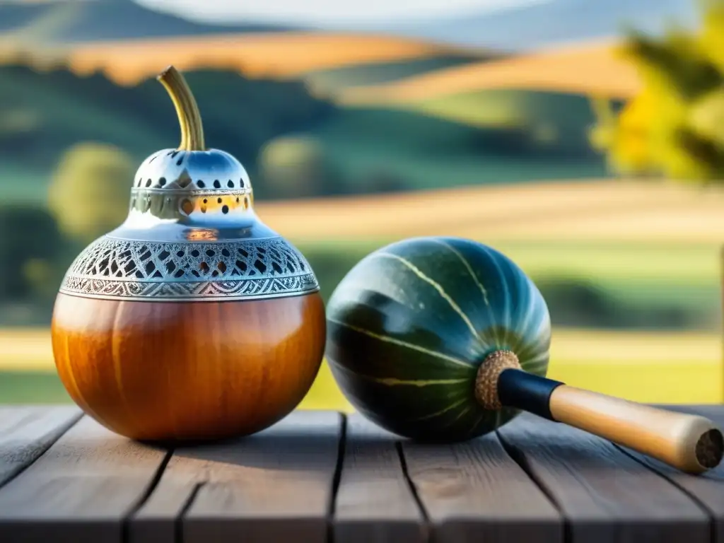 Detalles brillantes de mate y bombilla en mesa de madera con paisaje rural al fondo, simbolizando la cultura uruguaya