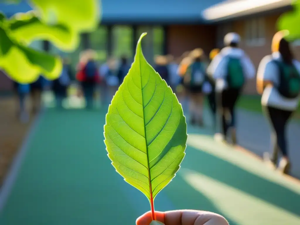 Detalles de una hoja verde vibrante con venas intrincadas, sobre un campus escolar lleno de actividad