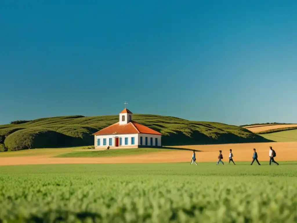 Escuela rural en Uruguay: diversidad y felicidad en el campo Un día brillante en una escuela rural de Uruguay, con estudiantes felices camino a clases