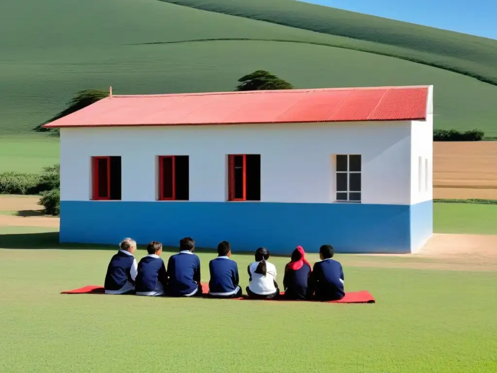 Escuela rural en Uruguay: educación, comunidad y esperanza Un día sereno en una escuela rural de Uruguay, rodeada de campos verdes bajo un cielo azul