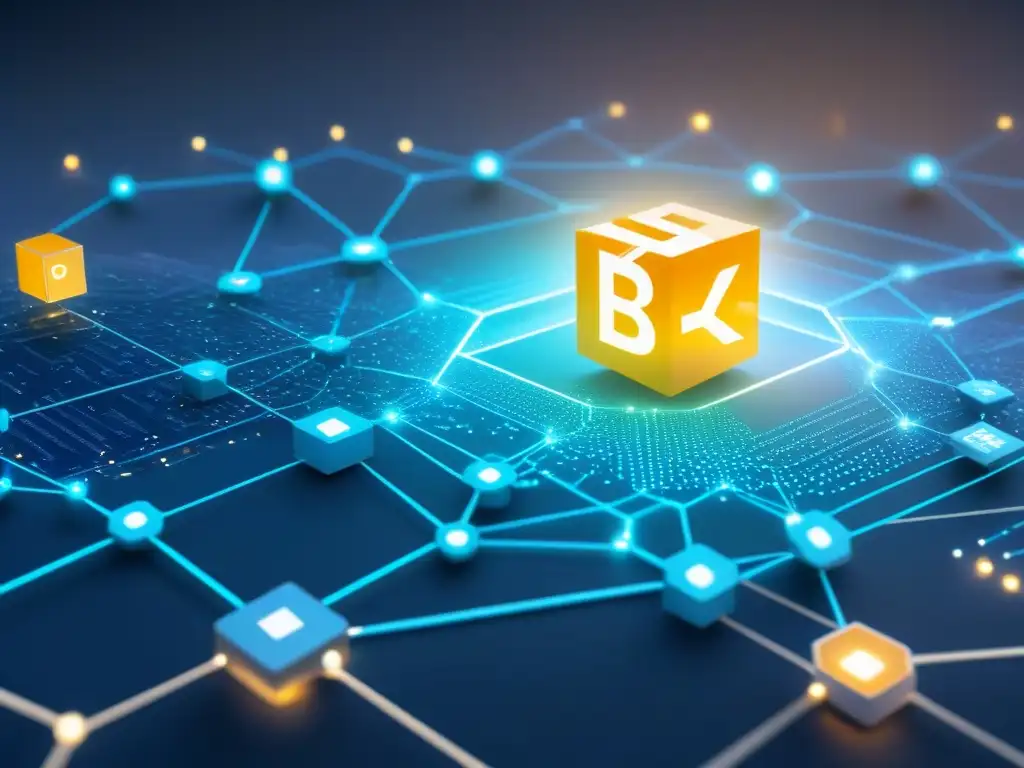 Diagrama futurista de blockchain en educación uruguaya Diagrama futurista de red blockchain en Uruguay con nodos educativos interconectados y seguros