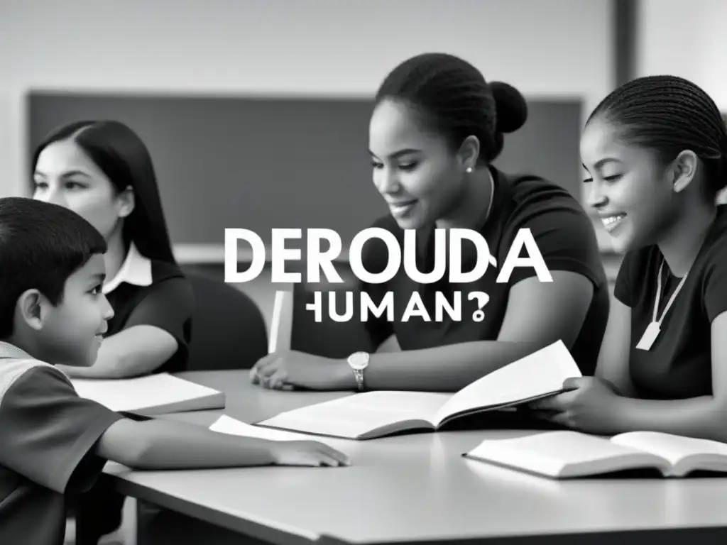 Un dibujo minimalista en blanco y negro de estudiantes diversos debatiendo en un aula