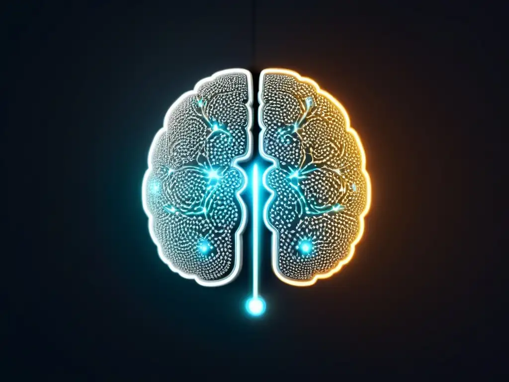 Ilustración digital minimalista y futurista de un cerebro estilizado con patrones de circuitos brillantes en fondo oscuro, simbolizando las tendencias de evaluaciones estándar en Uruguay