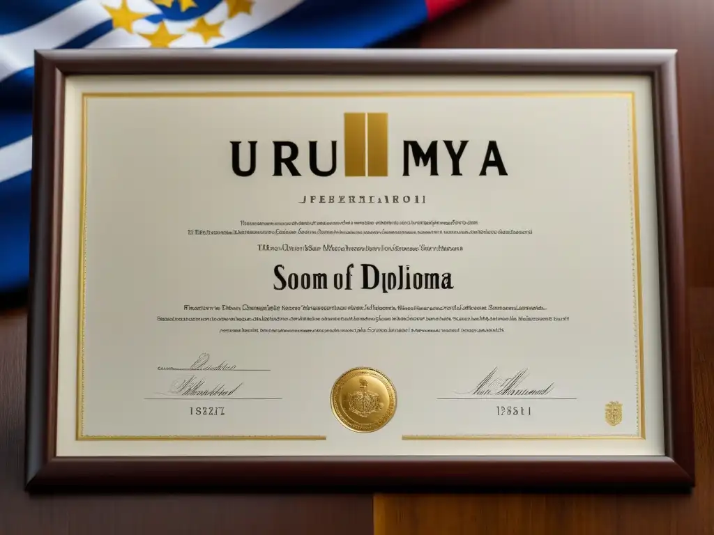 Diploma elegante con sello dorado y bandera uruguaya de fondo, sobre escritorio de madera