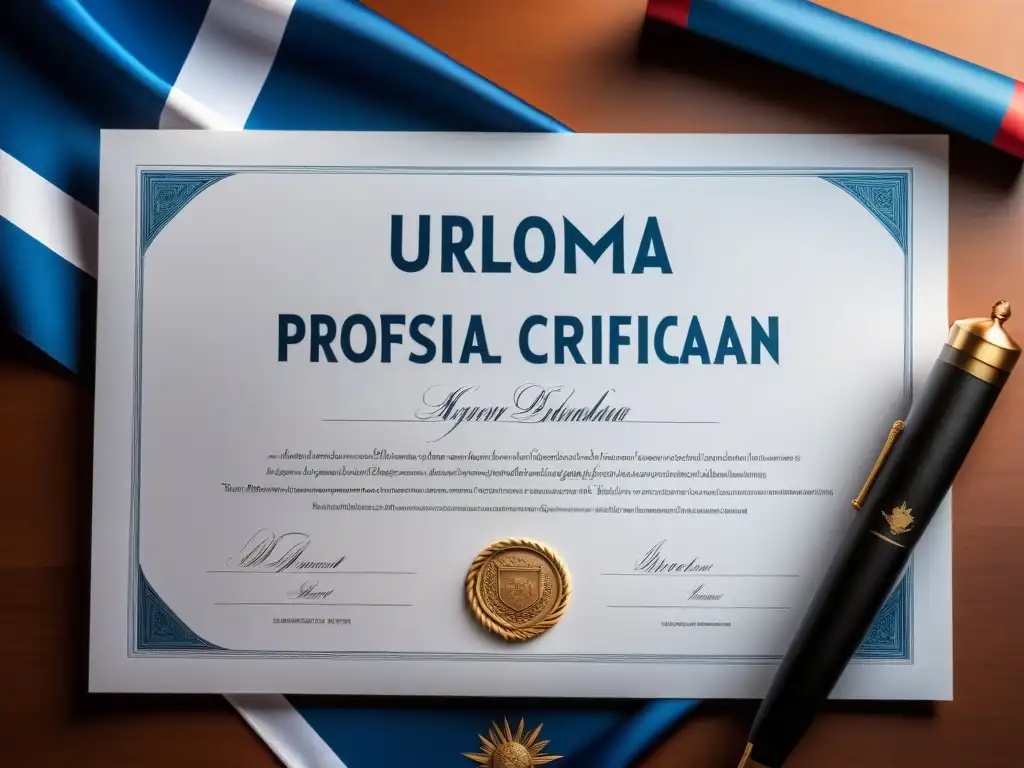 Diploma estilizado con sutil bandera uruguaya de fondo, en elegante escritorio iluminado