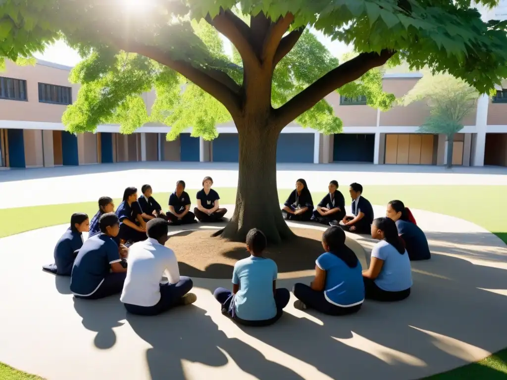 Implementación directrices UE educación inclusiva Uruguay: Estudiantes diversos aprenden juntos bajo un árbol en un ambiente de unidad y aprendizaje