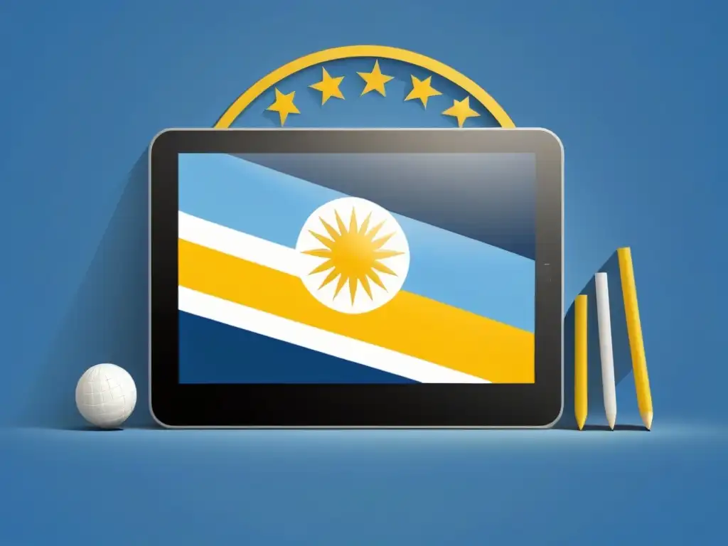 Un diseño futurista y educativo de una tablet digital con contenido de Uruguay y la bandera, en tonos azules y amarillos