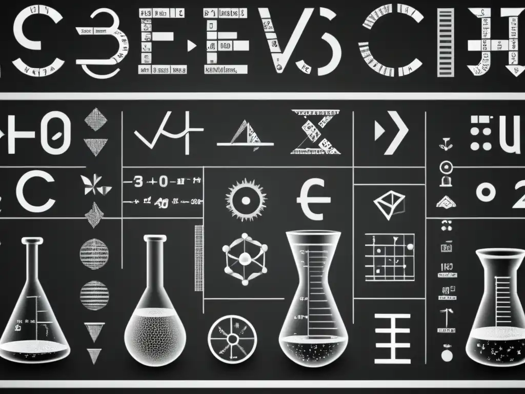 Un diseño geométrico intrincado de símbolos matemáticos y elementos científicos, fusionando ecuaciones, probetas y gráficos en blanco y negro