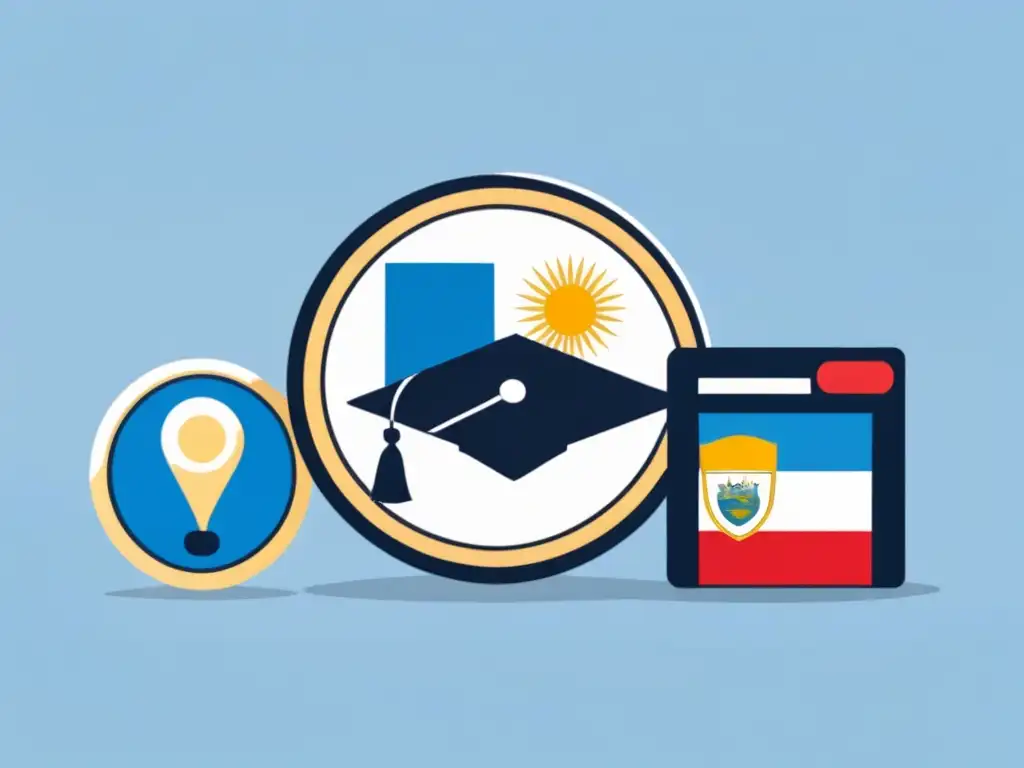 Un diseño minimalista y elegante de distintas insignias de certificación en línea, con símbolos educativos y colores de la bandera de Uruguay