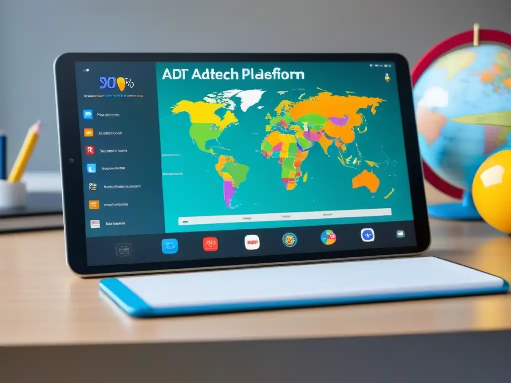 Un diseño minimalista y elegante de una tableta digital con plataformas AdTech educativas en acción, en un escritorio moderno con elementos educativos sutiles