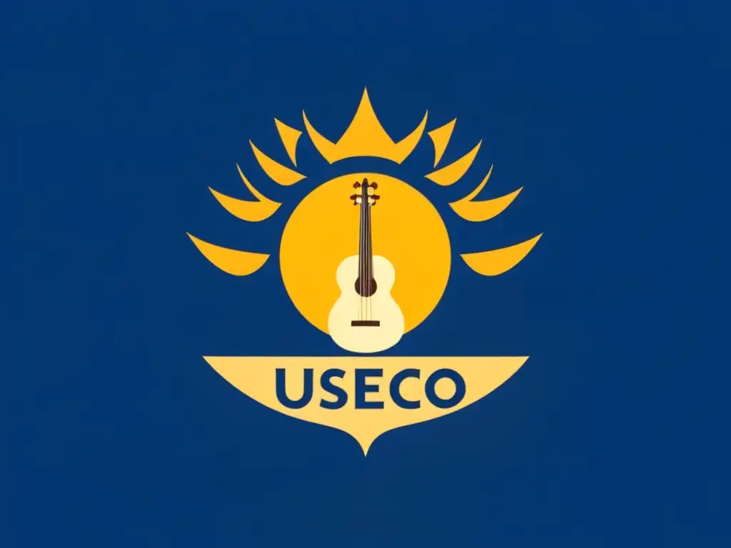 Un diseño minimalista del emblema de la UNESCO entrelazado con elementos que simbolizan el patrimonio uruguayo, como un sombrero de gaucho, un mate y la silueta de un bailarín de tango sobre la bandera uruguaya