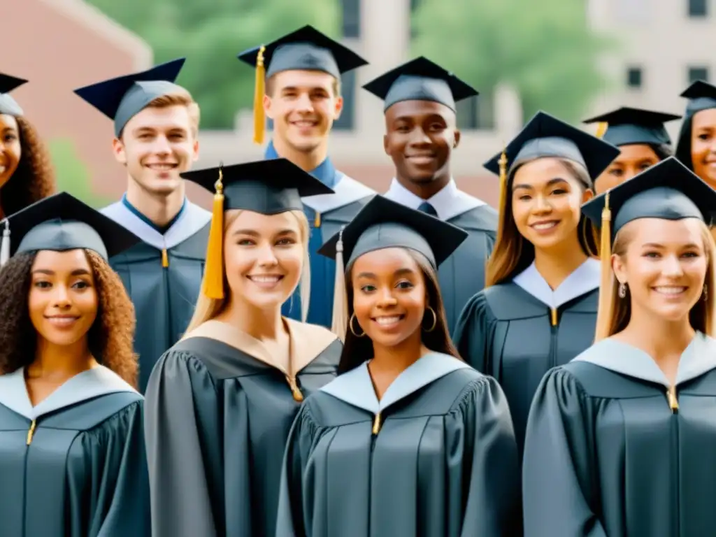 Graduación diversa en campus universitario, simbolizando éxito y diversidad en educación superior