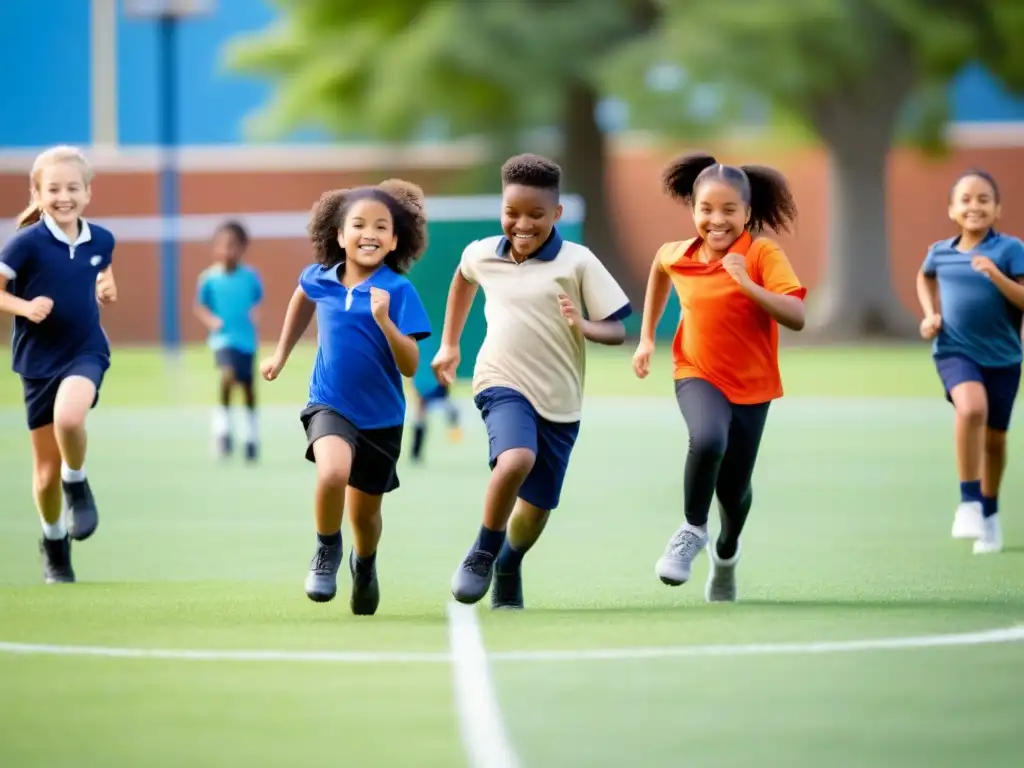 Niños felices jugando: diversidad en educación física Diversidad y alegría en la educación física de Uruguay: niños de diferentes etnias y habilidades juegan juntos en el colegio