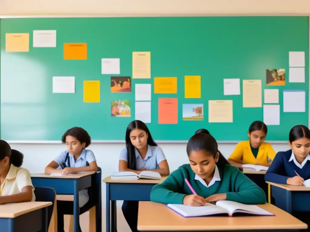 Diversidad en aula: estudiantes unidos en aprendizaje colaborativo, reflejando impacto positivo de políticas educativas en Uruguay