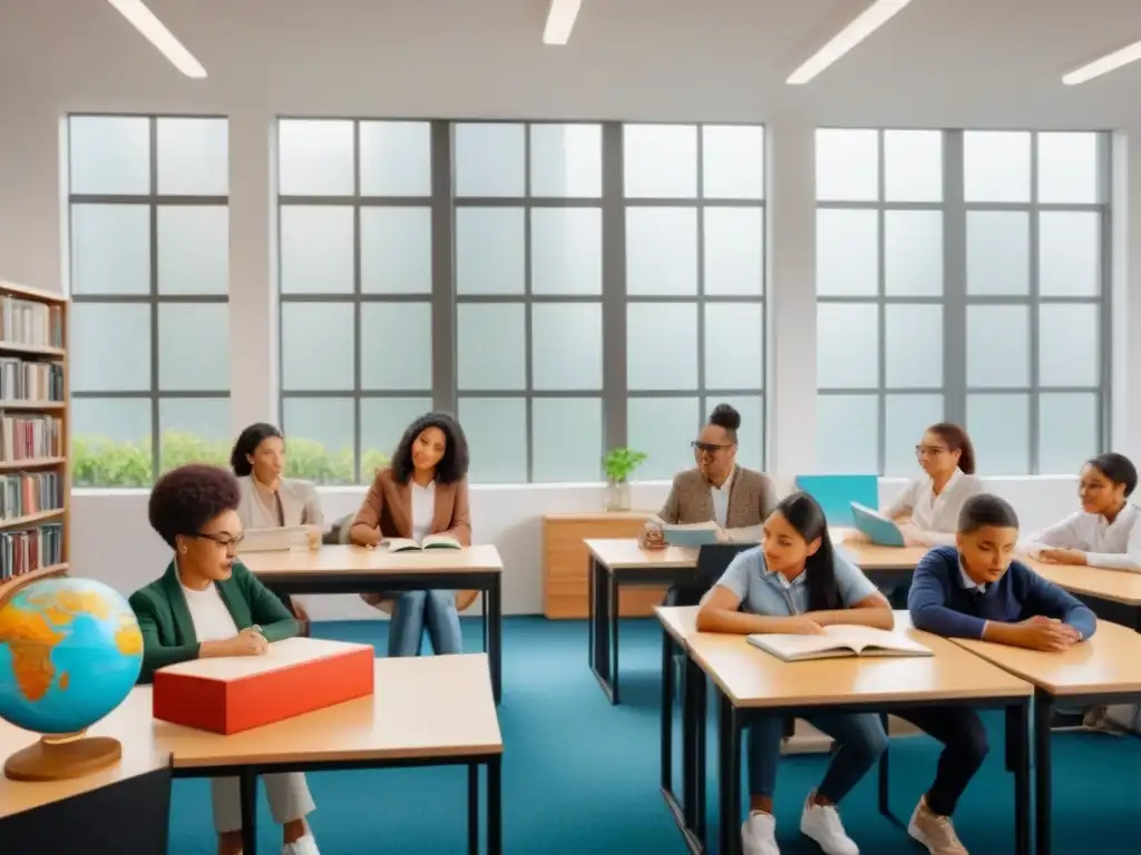 Diversidad en aula bilingüe: estudiantes de todas las edades y etnias aprendiendo juntos rodeados de libros y globos terráqueos