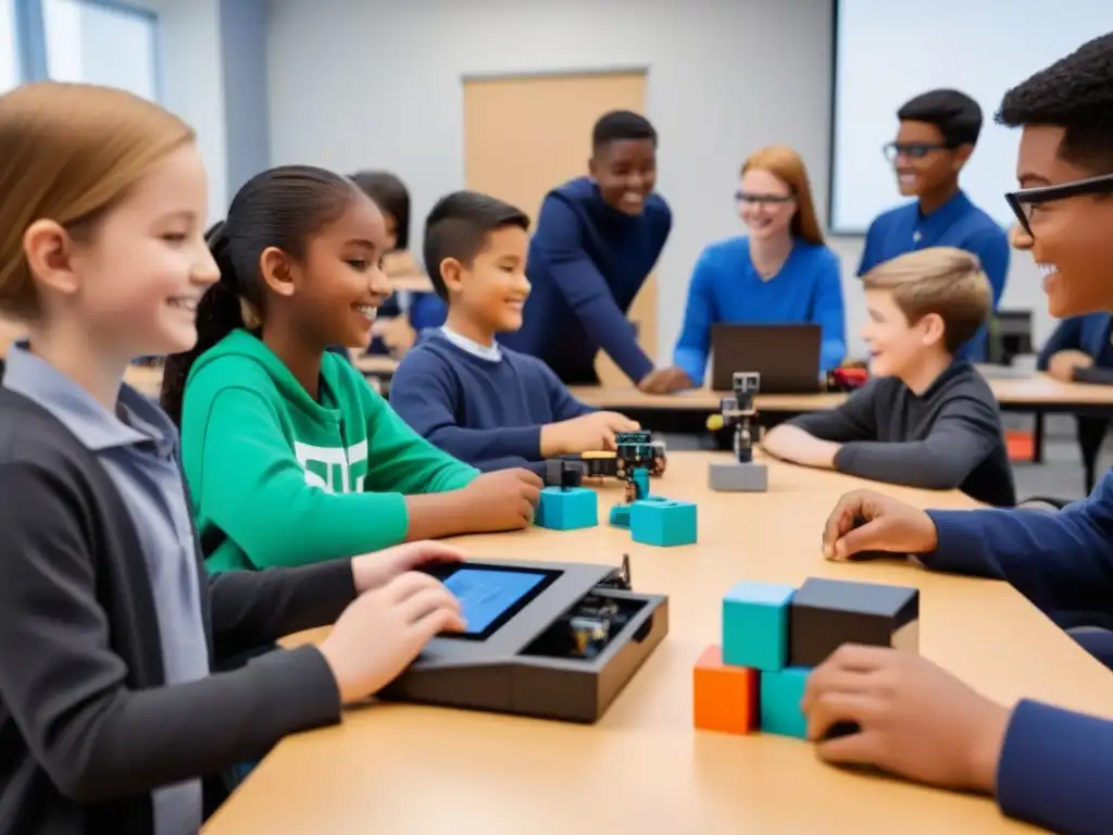 Diversidad en capacitación en programación y robótica: estudiantes colaboran entusiasmados en un taller con tecnología de vanguardia