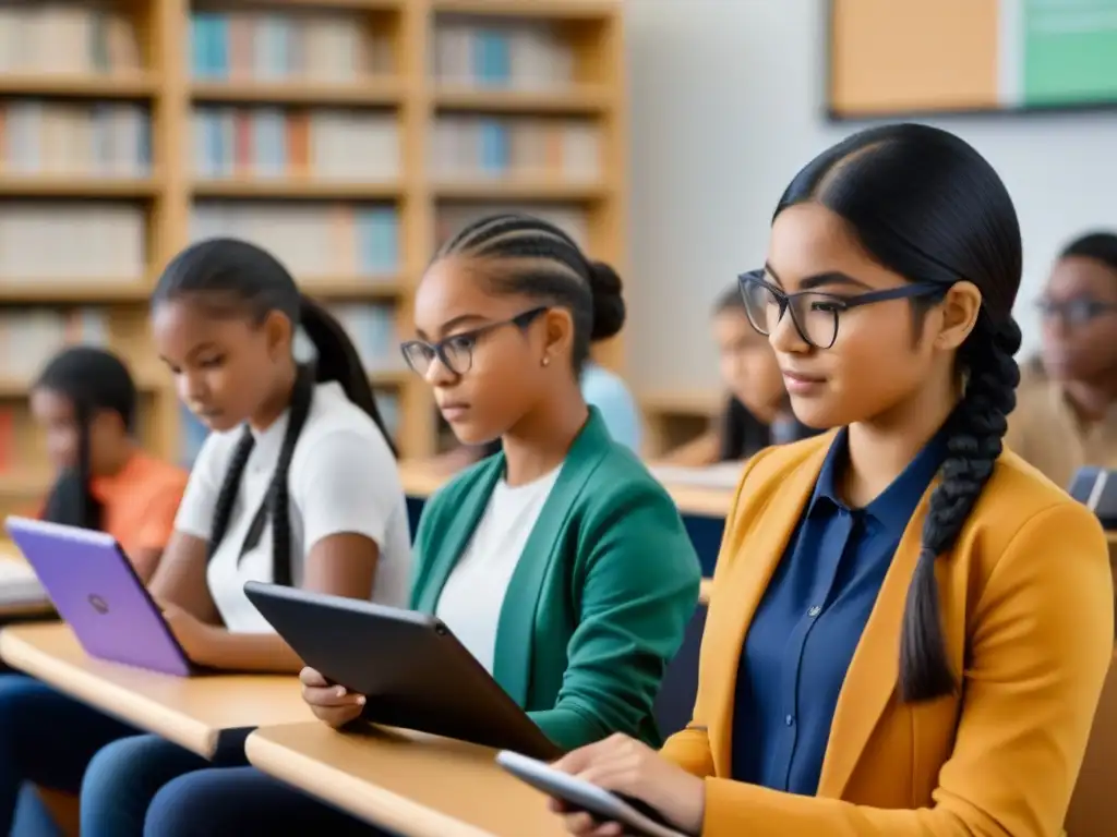 Diversidad y concentración en aula moderna con estudiantes usando aplicaciones educativas gratuitas en Uruguay