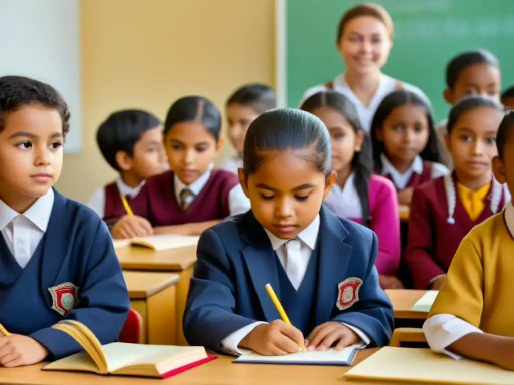 La inclusión lingüística en Uruguay se refleja en la diversidad cultural de niños en un aula, aprendiendo juntos
