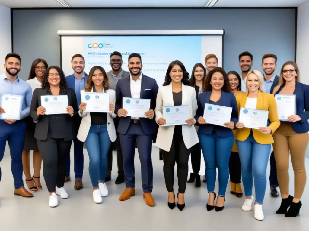 Diversidad de estudiantes y profesionales sonrientes en aula moderna celebrando logros académicos