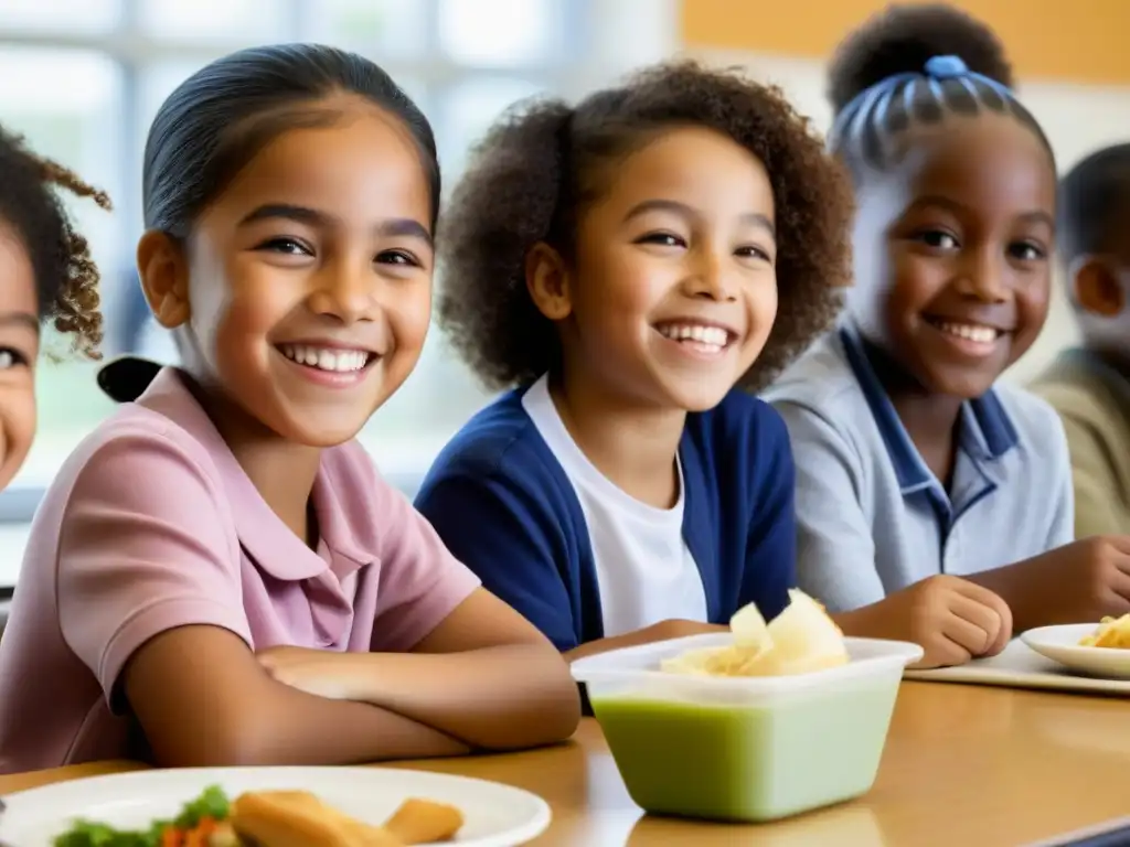 Diversidad y unión: niños de distintas etnias comparten comida y risas en la cafetería escolar