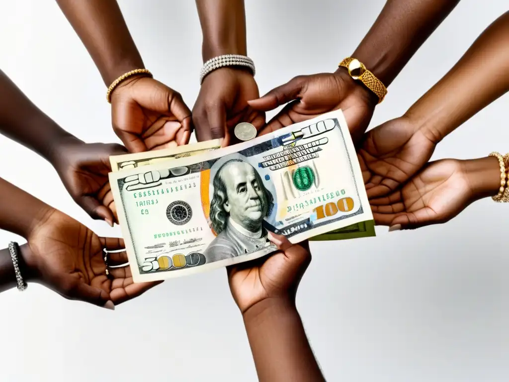 Manos diversas con dinero mundial: símbolo de educación financiera global Diversidad de manos sosteniendo dinero de distintas partes del mundo, simbolizando educación financiera y desarrollo sustentable