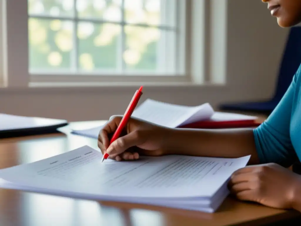 Un docente concentrado corrigiendo exámenes en aula iluminada