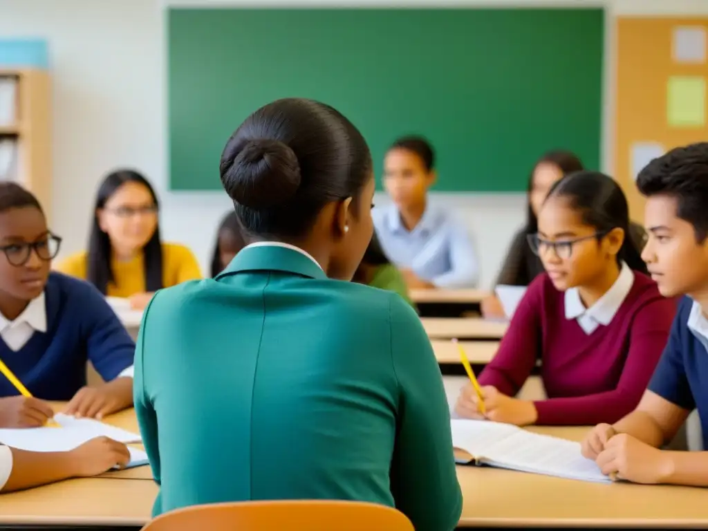 Docente enseñando estrategias para superar barreras lingüísticas en aula multicultural de Uruguay