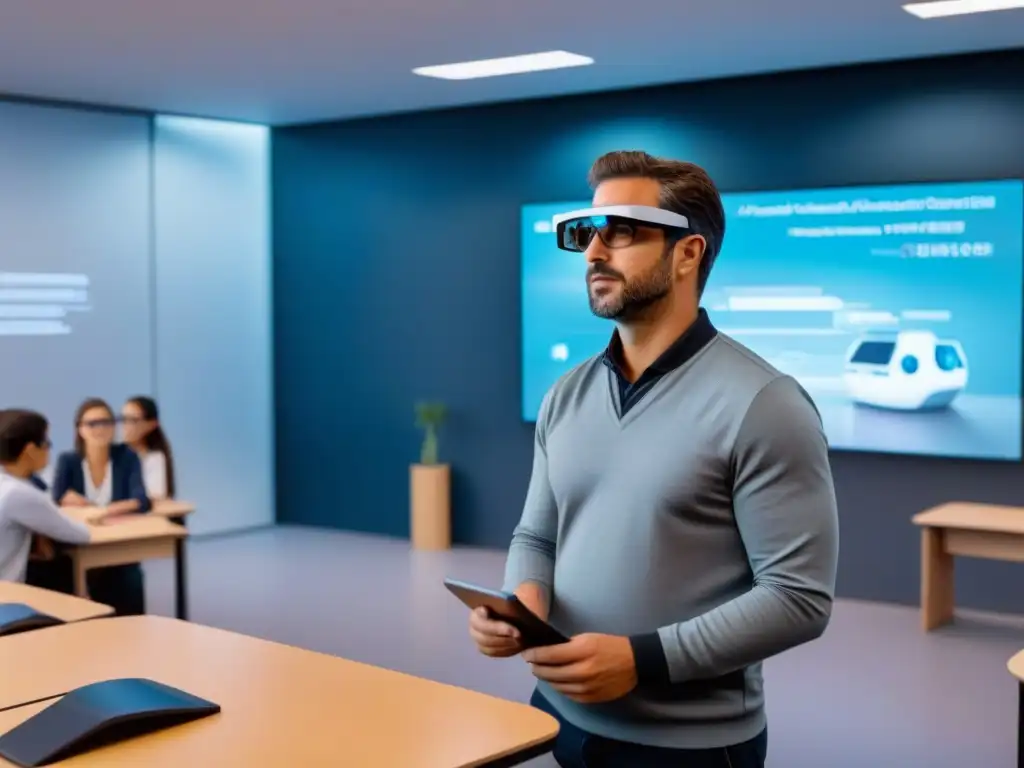 Docente en Uruguay usando gafas de realidad aumentada en aula futurista con elementos virtuales