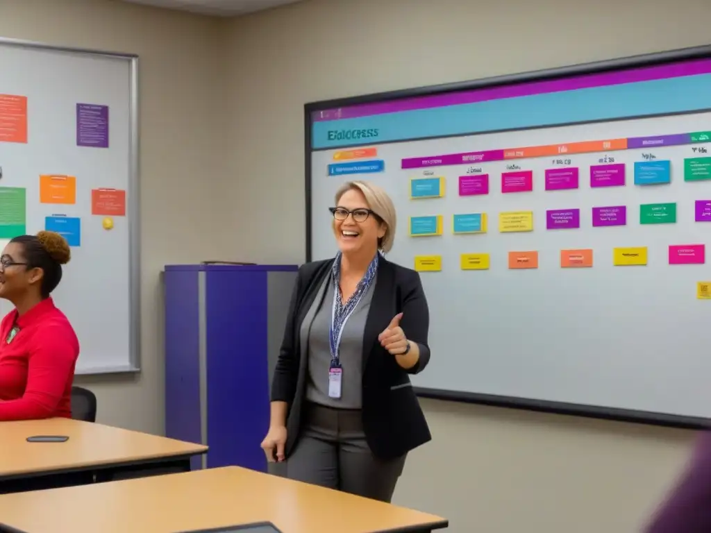 Docente enseñando gamificación a alumnos emocionados en aula colorida