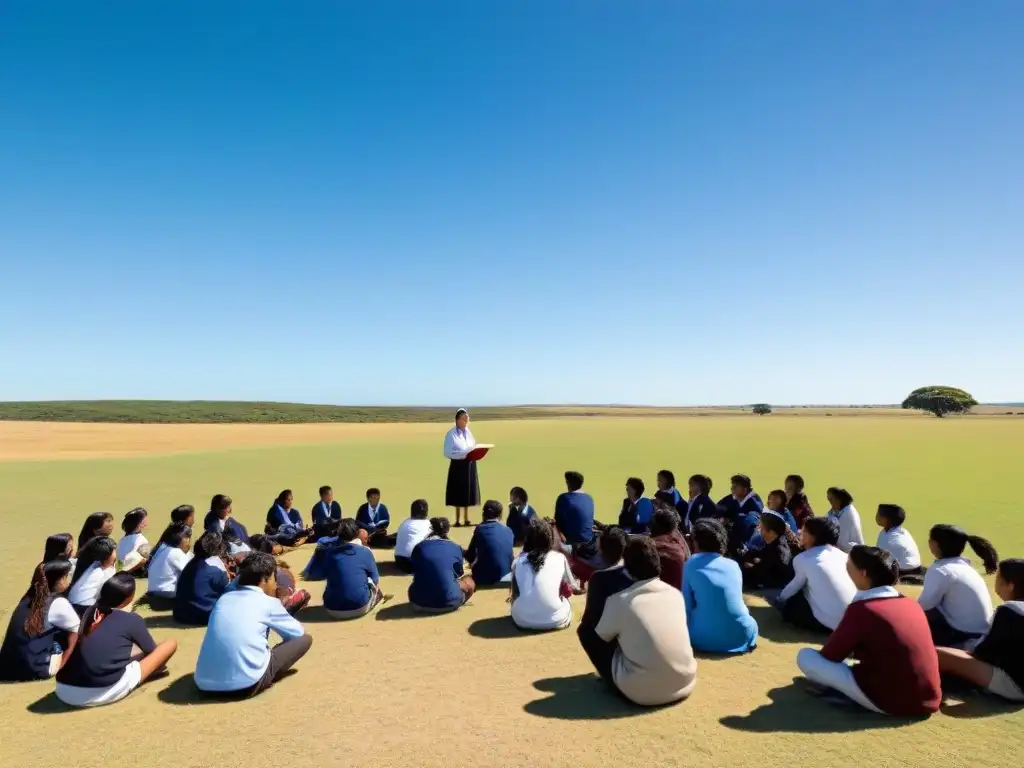 Formación docente en Uruguay: Maestra rodeada de estudiantes en diversidad de actividades educativas en extensa llanura y cielo azul claro