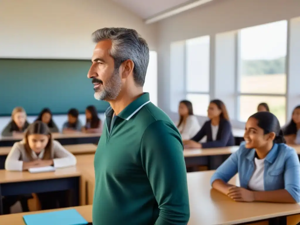 Formación docente en Uruguay: maestro innovador lidera clase digital con entusiasmo y habilidad, fomentando colaboración y aprendizaje avanzado