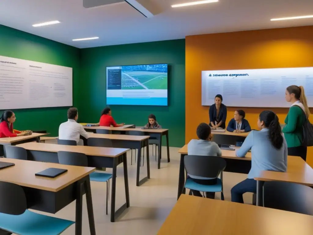 Formación docente para educación en Uruguay: Aula moderna con estudiantes colaborando en experimento científico