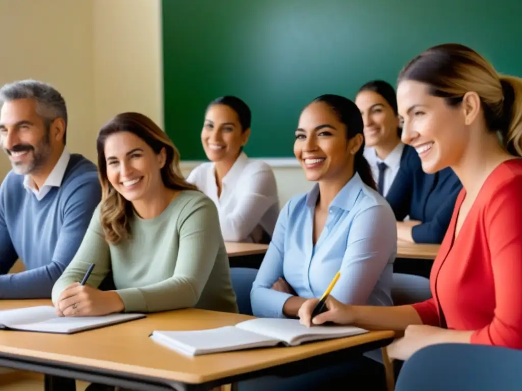 Formación docente en Uruguay: Profesores diversos colaborando en un aula moderna, reflejando profesionalismo y dedicación