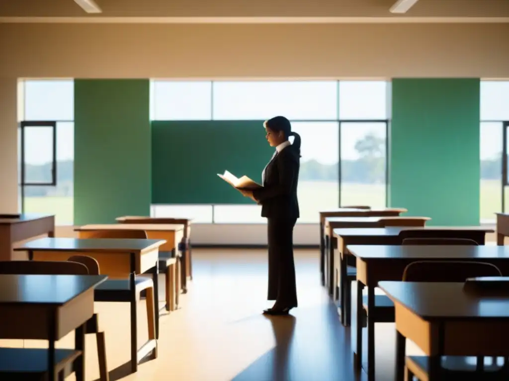 Docente reflexivo mirando al horizonte en aula iluminada, simbolizando la importancia de la capacitación continua docente en Uruguay