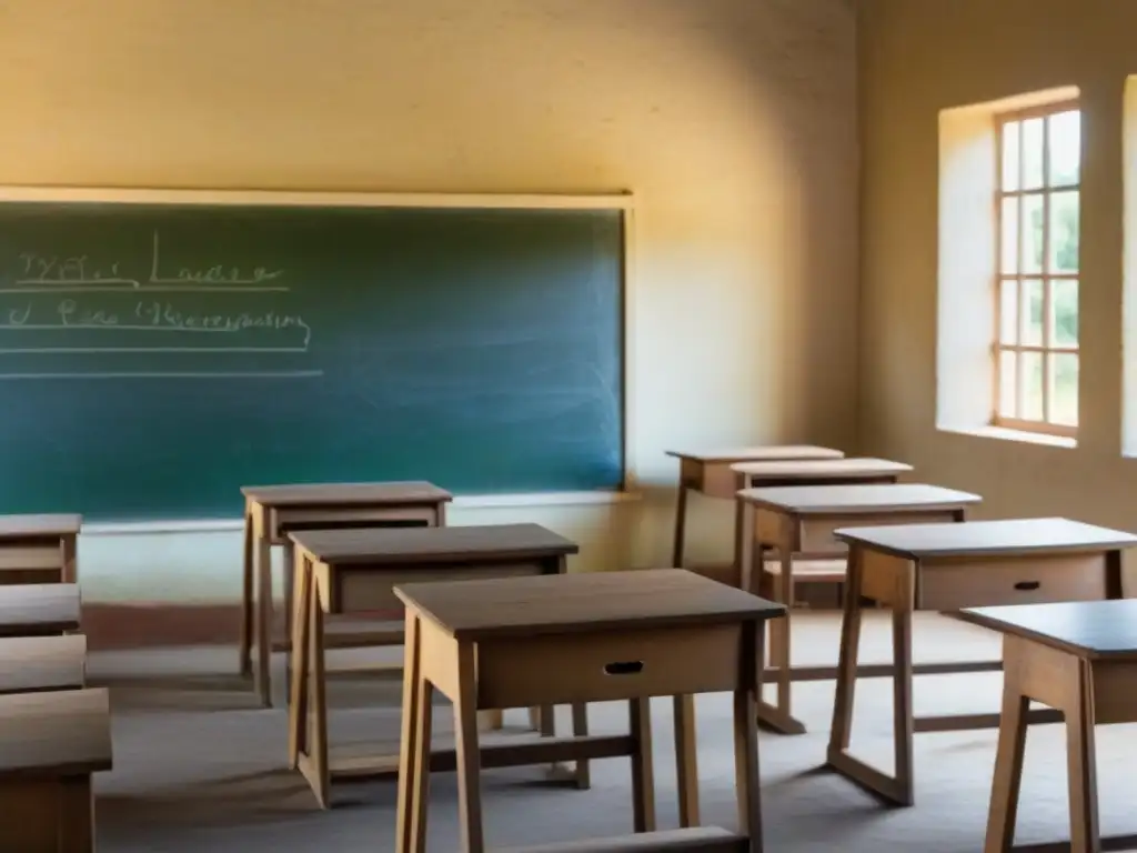 Formación docente en educación rural en Uruguay: Aula rural serena con escritorios de madera y pizarrón en español