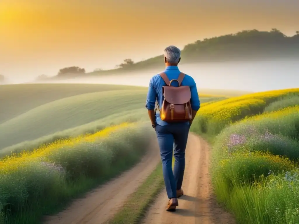 Un docente camina solo por un sendero rural con una cartera y flores silvestres al atardecer