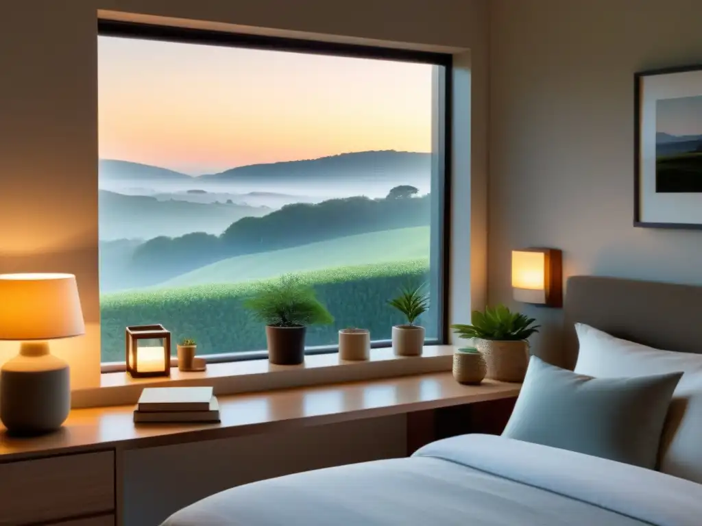 Un dormitorio sereno con vista al amanecer, decorado en tonos neutros