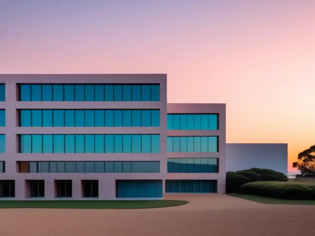 El ANEP edificio en Uruguay resplandece bajo un cielo pastel al atardecer, simbolizando progreso y serenidad en políticas educativas Uruguay