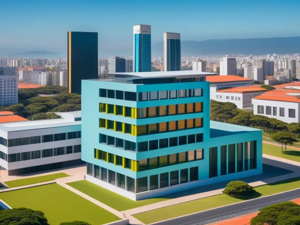 Un edificio escolar moderno destaca en una ciudad futurista, simbolizando la educación técnica en Uruguay