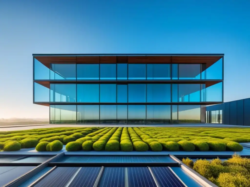 Edificio moderno en Uruguay con certificaciones sostenibilidad medio ambiente, techos verdes y paneles solares bajo cielo azul