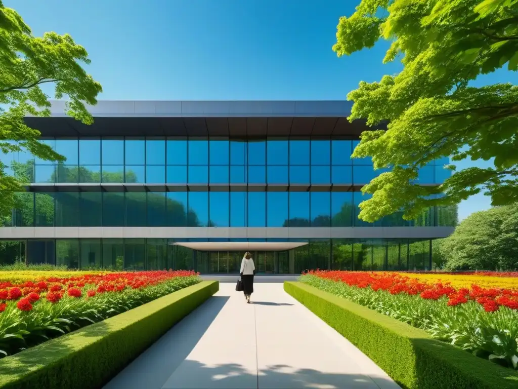 Edificio universitario moderno reflejando cielo azul, rodeado de naturaleza exuberante