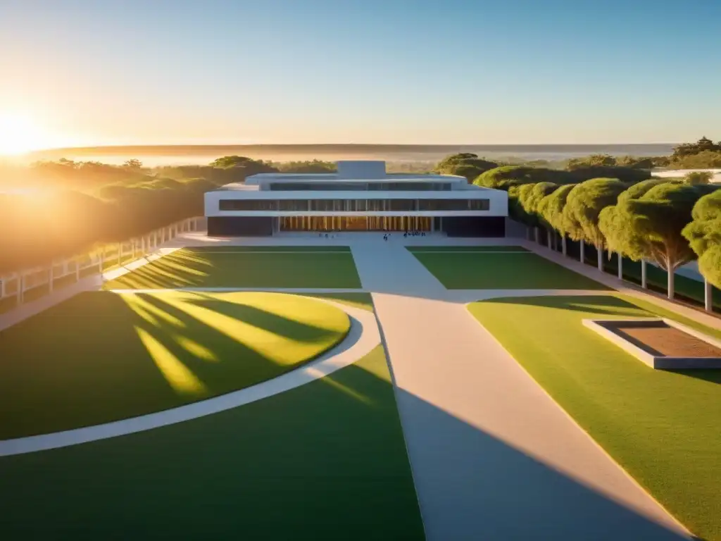 Edificios universitarios modernos en Uruguay al amanecer, con estudiantes y naturaleza exuberante