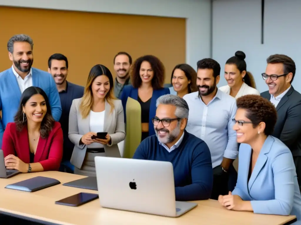 Educadores de Uruguay en capacitación en TICs, expresando entusiasmo y concentración en un moderno taller educativo