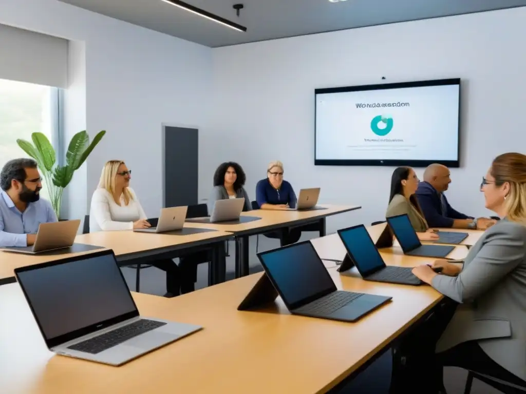 Educadores uruguayos en taller de capacitación en TICs, colaborando en aula moderna y equipada