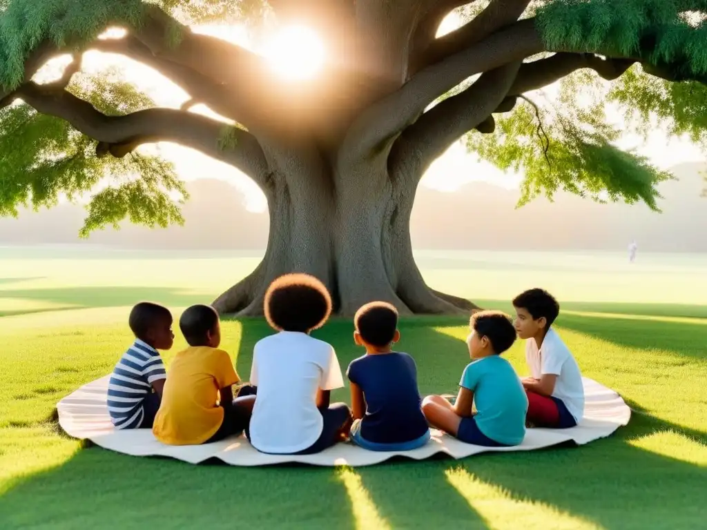 Inclusión educativa en Uruguay: Diversidad y armonía en un círculo de niños diversos debajo de un árbol al atardecer